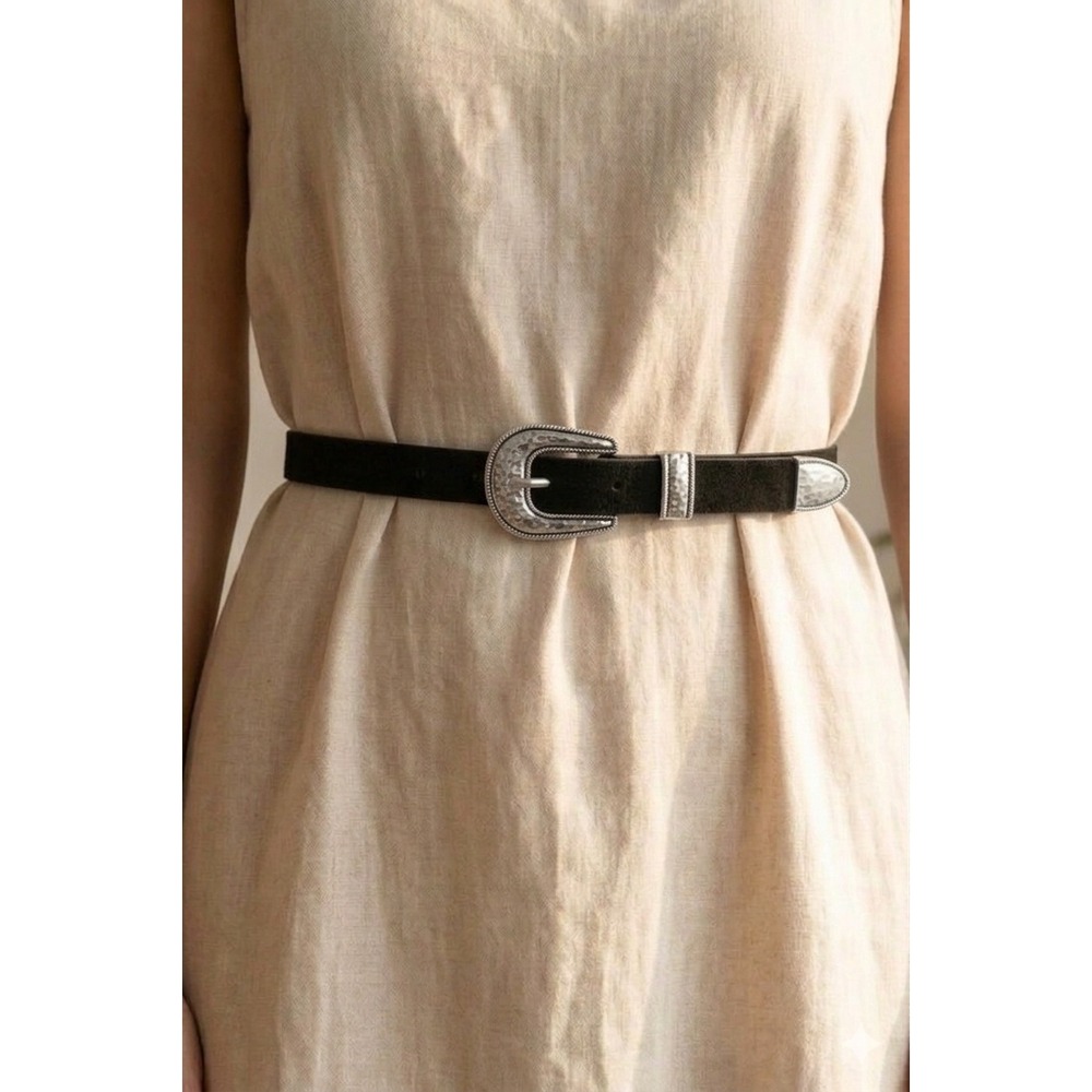 NEW Womens Black Faux Suede Western Belt Silver Engraved Buckle